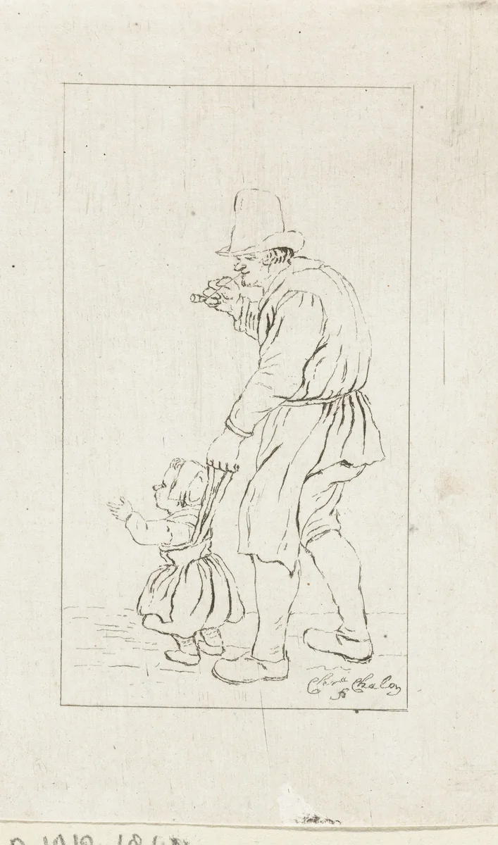 Staande man met kind aan een leiband by Pieter de Mare, print, 1779