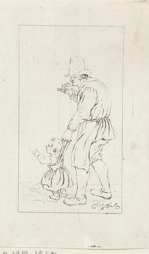 Staande man met kind aan een leiband by Pieter de Mare, print, 1779
