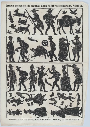 Sheet 2 of figures for Chinese shadow puppets by Juan Llorens, print, 1859