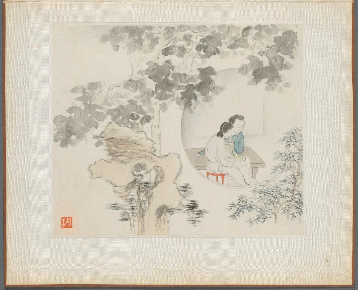 Album of Landscape Paintings Illustrating Old Poems: Two Women with Needlework in a Garden by Hua Yan, painting, 1745
