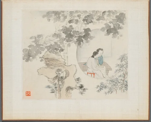 Album of Landscape Paintings Illustrating Old Poems: Two Women with Needlework in a Garden by Hua Yan, painting, 1745