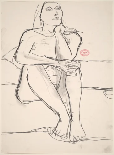 Untitled [seated nude with right hand on the side of her neck] by Richard Diebenkorn, drawing, 1955-1967