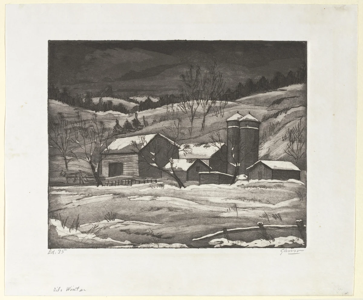 Silo in Winter by Emil Ganso, print, 1933