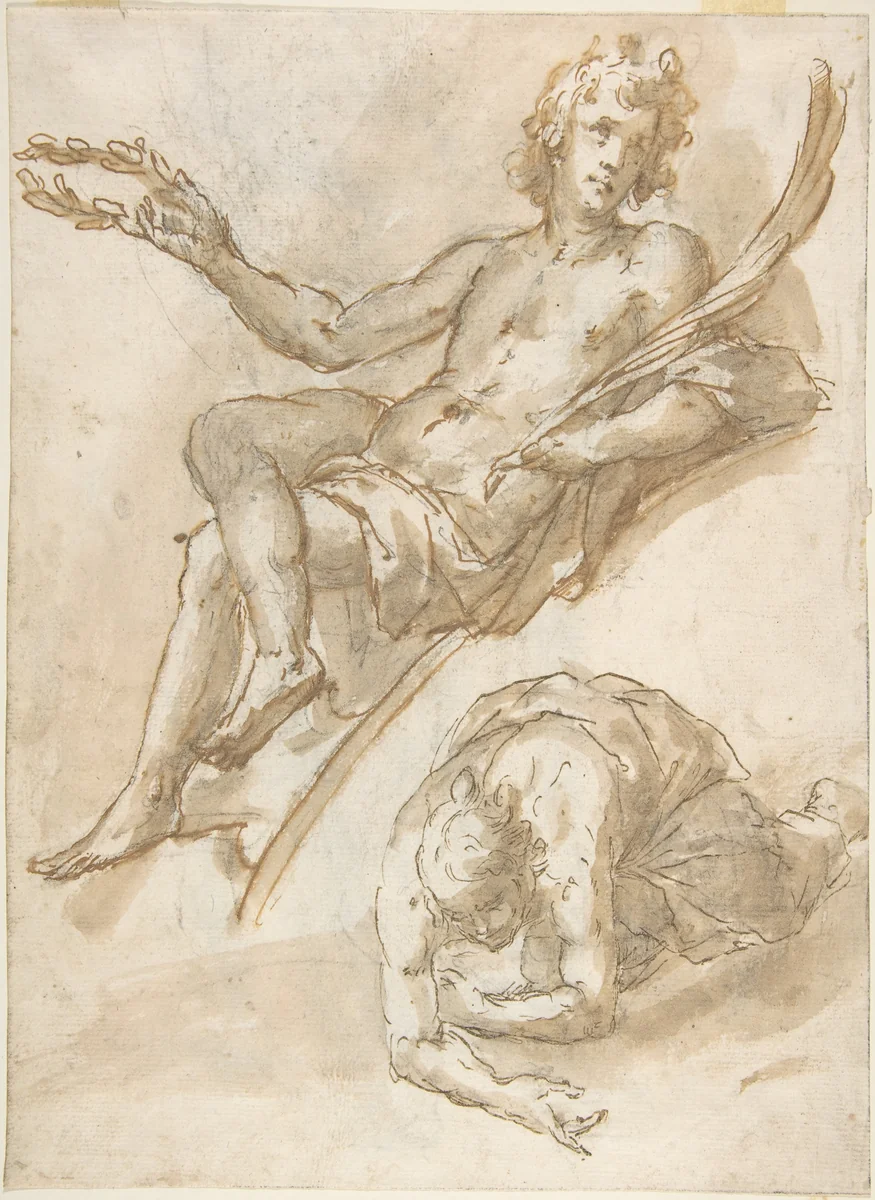 Two Figures (recto); Standing Figure (Young Hercules?) (verso) by anonymous, drawing, 1600-1700