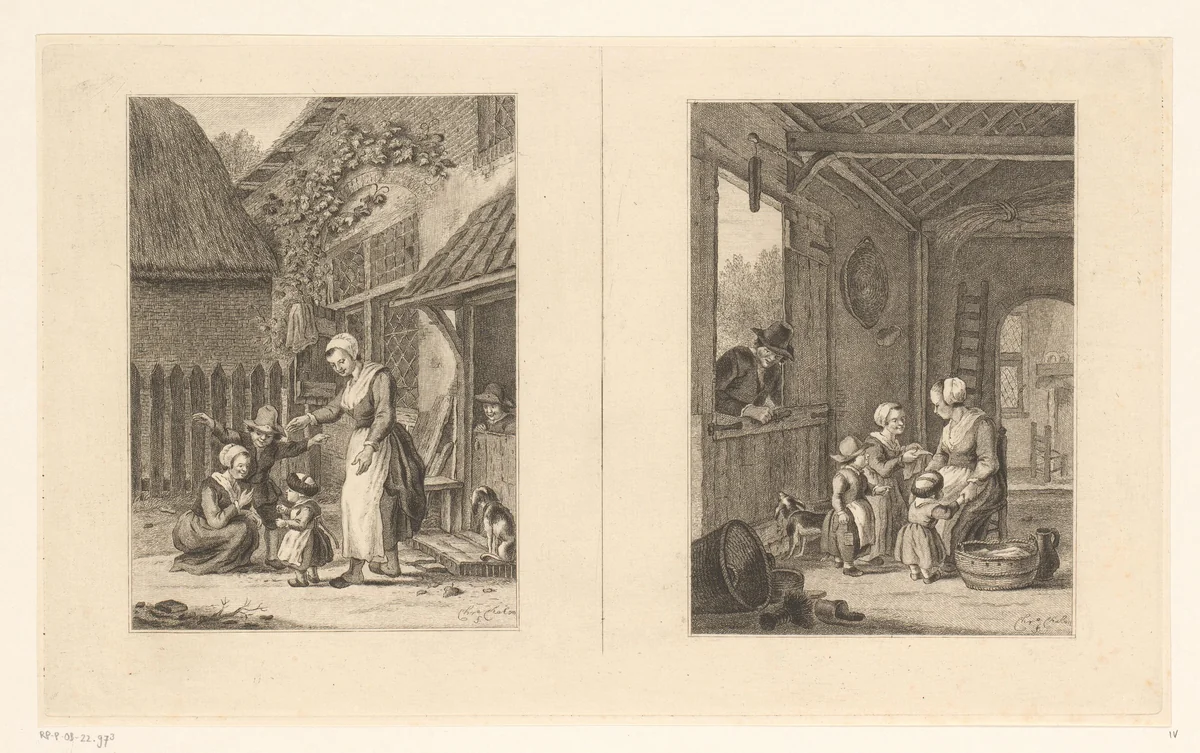 Twee voorstellingen van een moeder met kinderen by Pieter de Mare, print, 1779