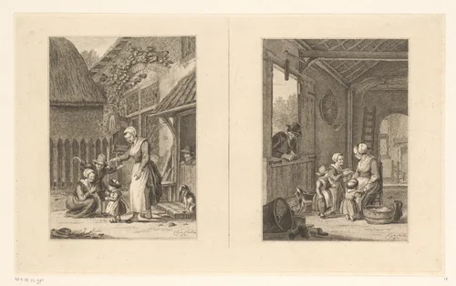 Twee voorstellingen van een moeder met kinderen by Pieter de Mare, print, 1779