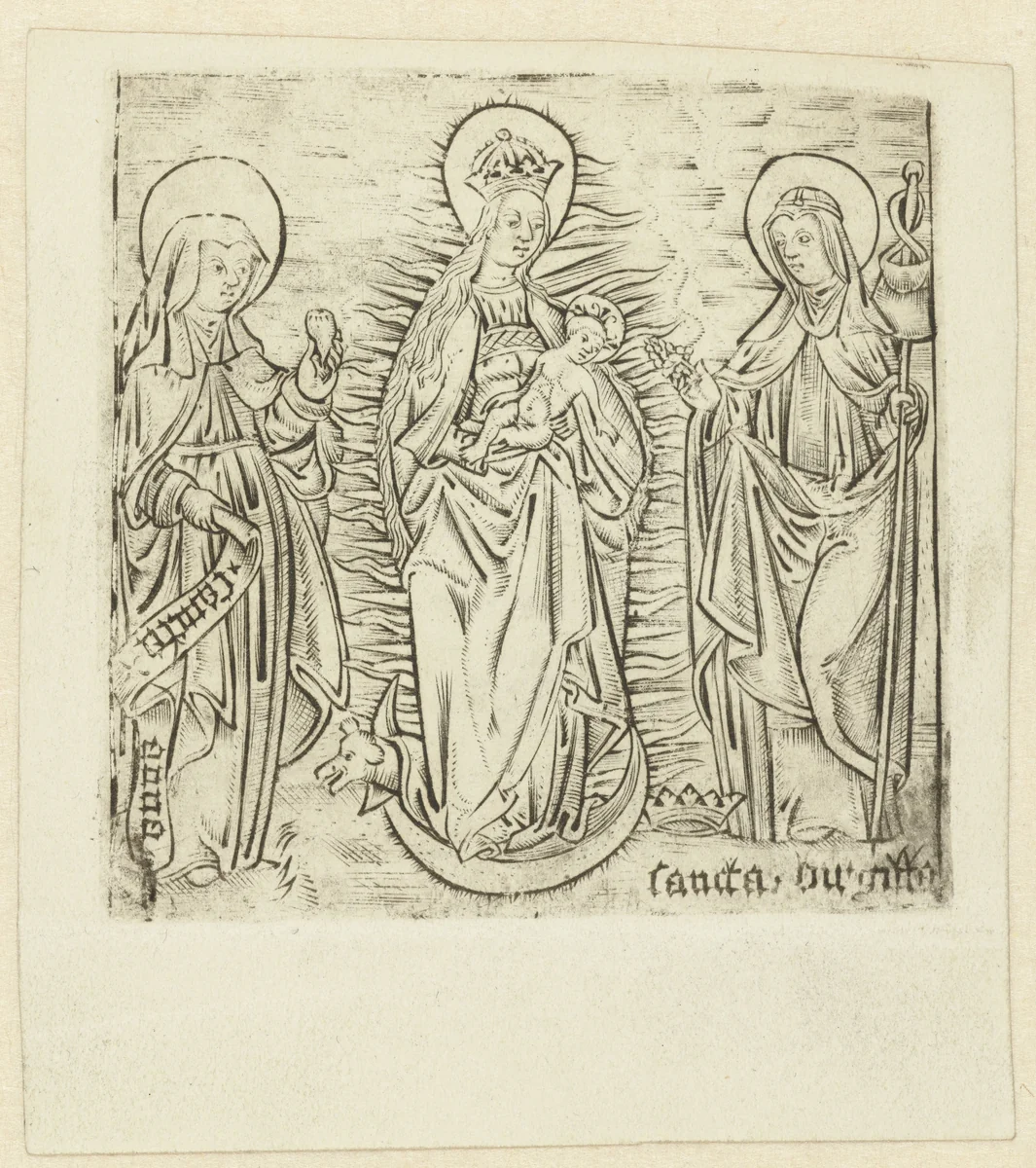 Madonna met heilige Anna en Brigitta by anonymous, print, 1470-1490