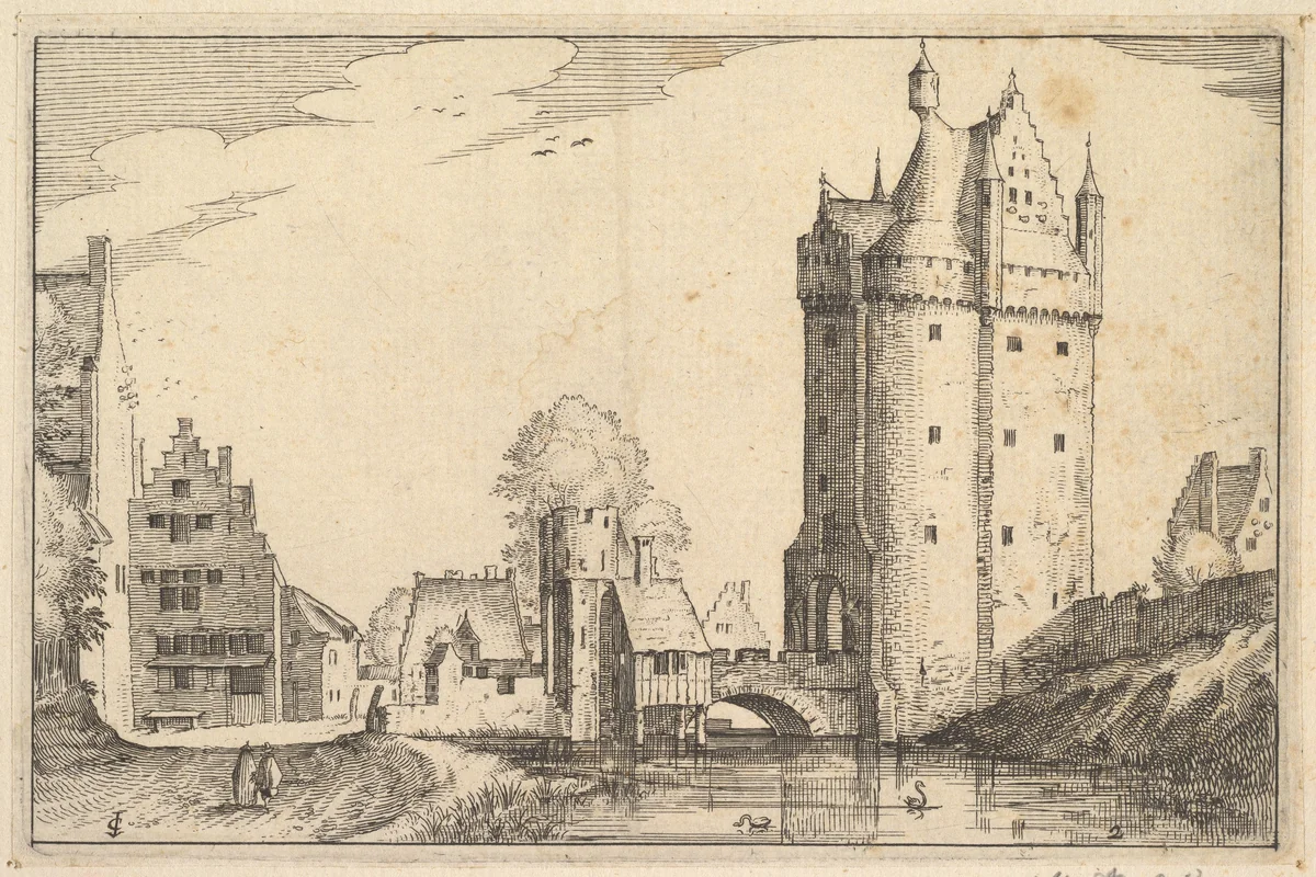 Town Gate, plate 2 from "Regiunculae et Villae Aliquot Ducatus Brabantiae" by Claes Jansz Visscher, print, 1605-1615