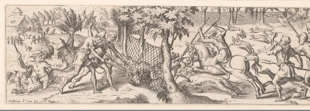 Jacht op wolven met behulp van een net by Unknown, print, 1528-1583