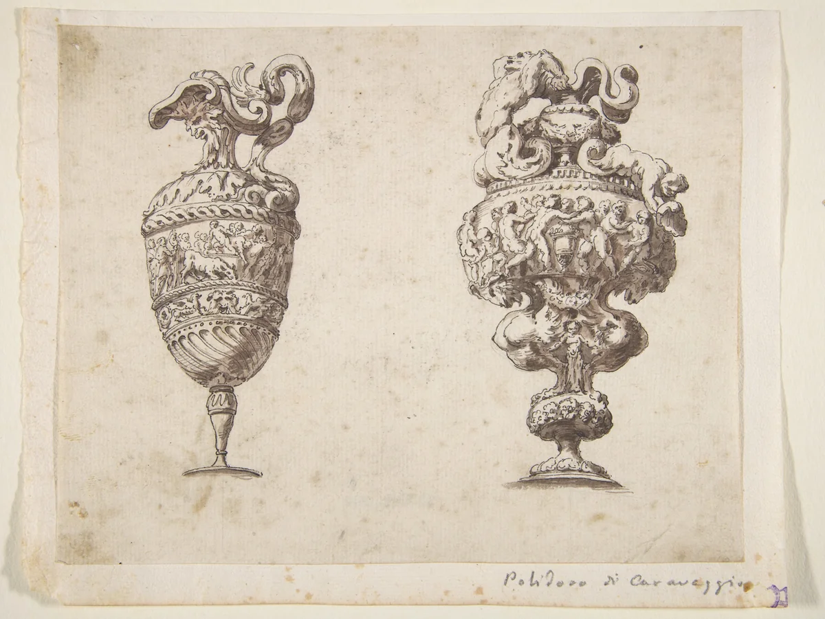 Two Designs for Ewers by Polidoro da Caravaggio, drawing, 1600-1800