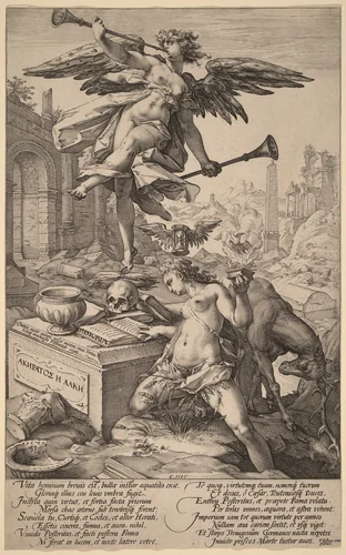 The Allegory of Fame and History by Hendrick Goltzius, print, 1586