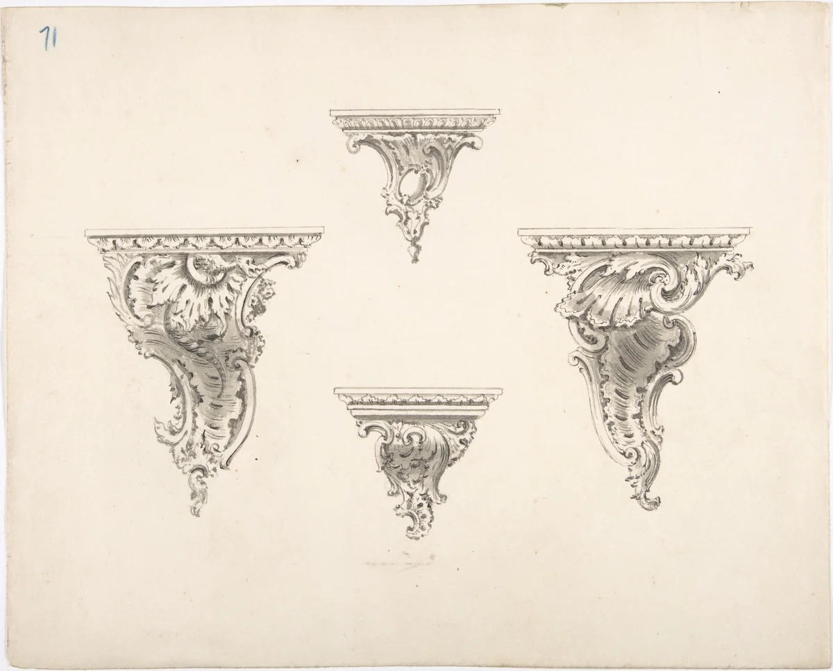 Design for Four Brackets with Foliate and Rocaille Ornament by anonymous, drawing, 1800-1850