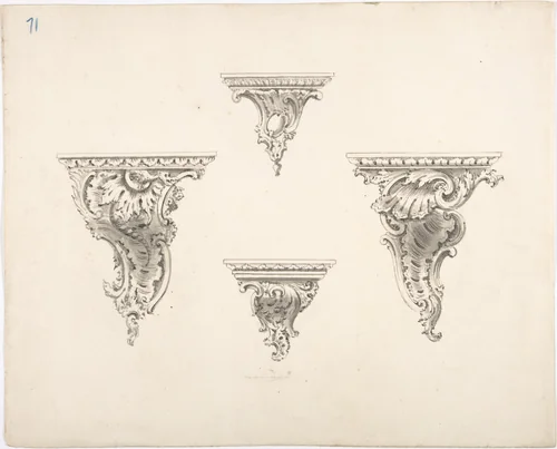 Design for Four Brackets with Foliate and Rocaille Ornament by anonymous, drawing, 1800-1850