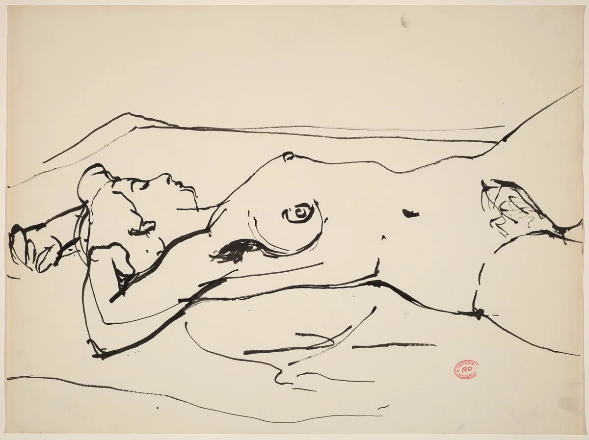 Untitled [reclining nude with her arms above her head] by Richard Diebenkorn, drawing, 1955-1967