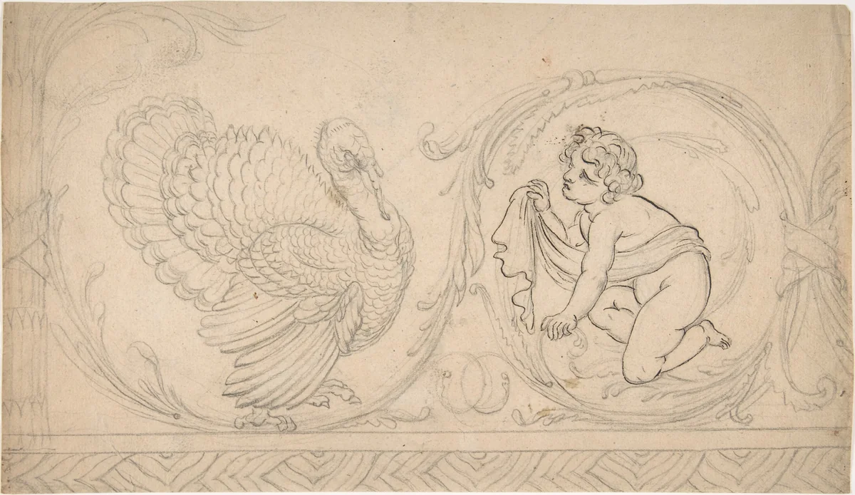 Ornament Containing Kneeling Boy and Turkey by anonymous, drawing, 1775-1825