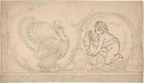 Ornament Containing Kneeling Boy and Turkey by anonymous, drawing, 1775-1825