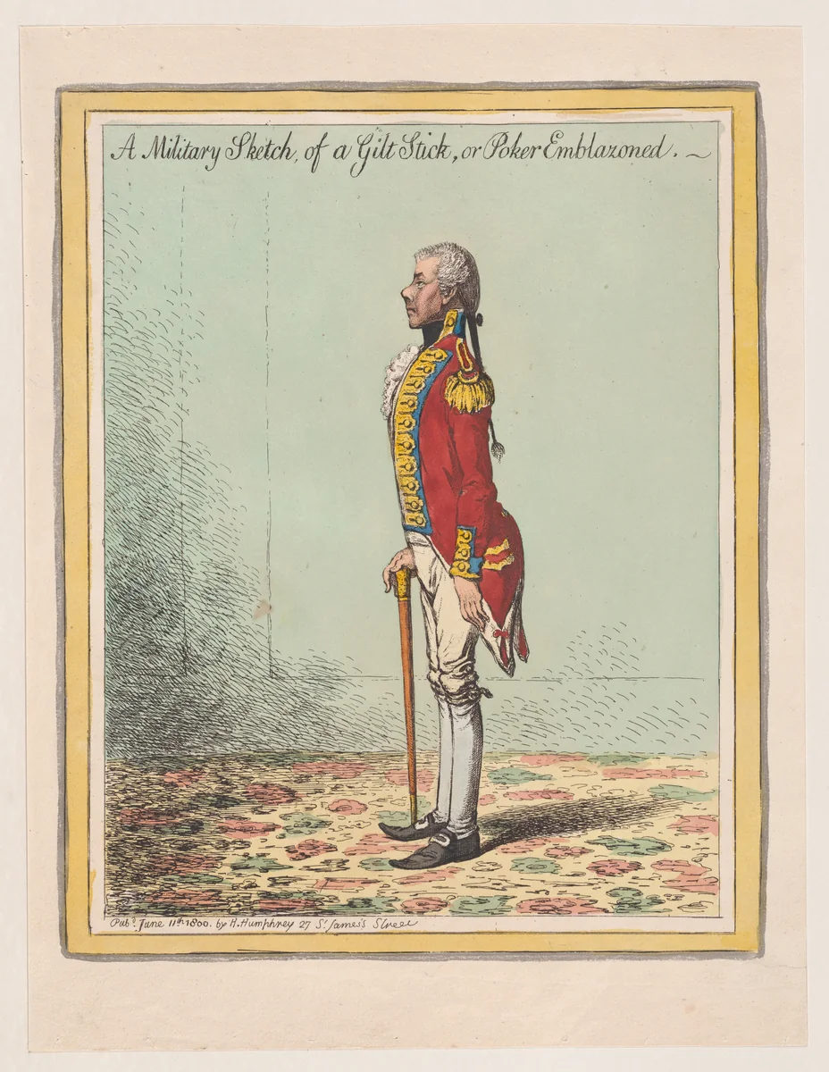 A Military Sketch, of a Gilt Stick, or Poker Emblazoned by James Gillray, print, 1800