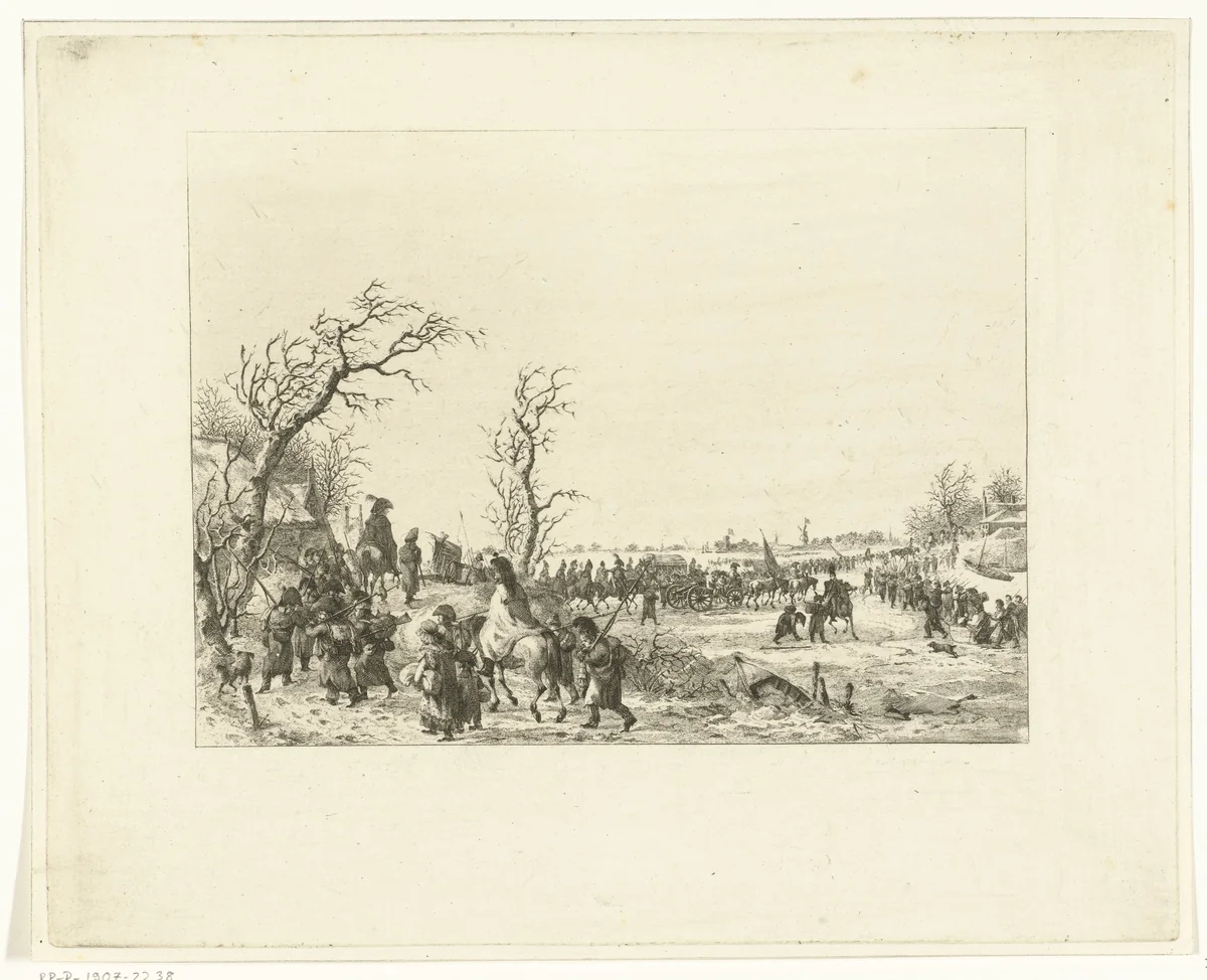 Overtocht van de Franse troepen over de Waal in januari 1795 by Joannes Bemme, print, 1795-1841