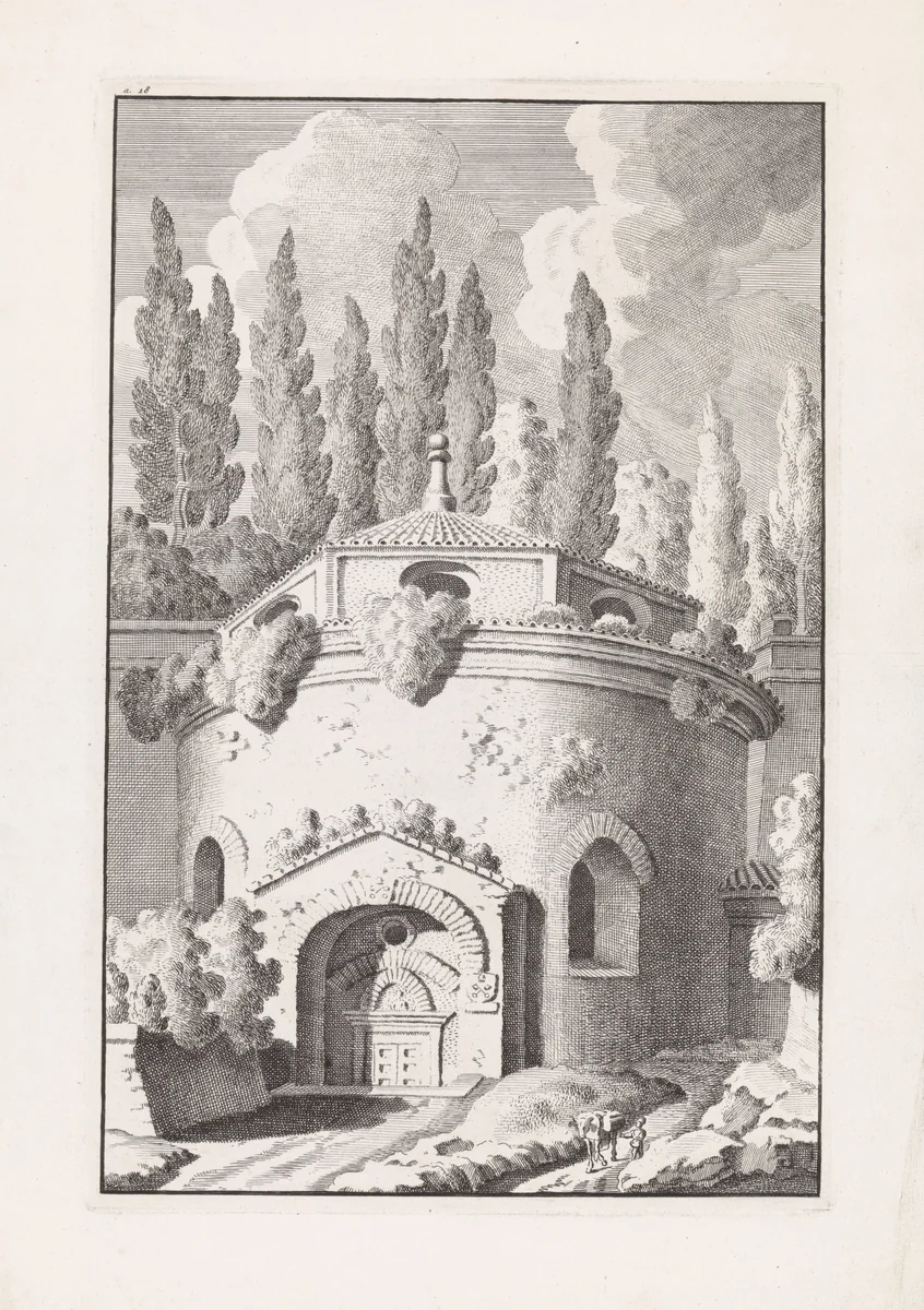 Ruïne van een Romeinse ronde tempel by Bonaventura van Overbeek, print, 1708