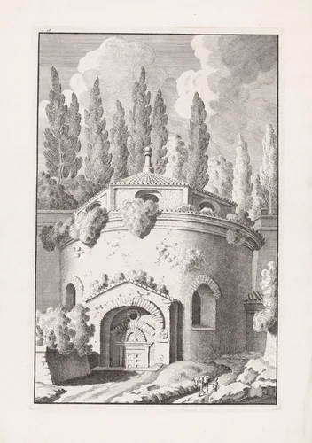 Ruïne van een Romeinse ronde tempel by Bonaventura van Overbeek, print, 1708
