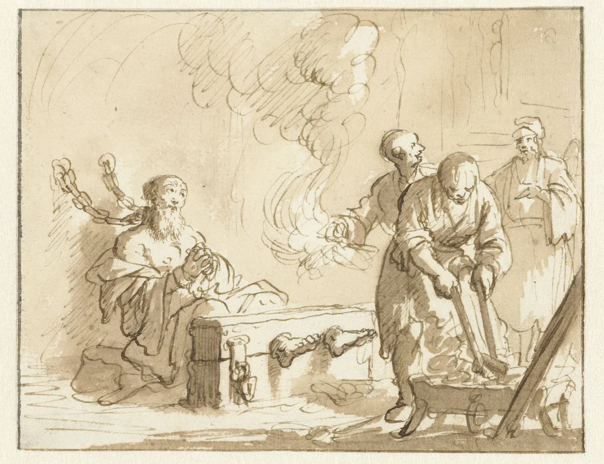 Origenes in de gevangenis met vuur gemarteld by Jan Luyken, drawing, 1683-1685