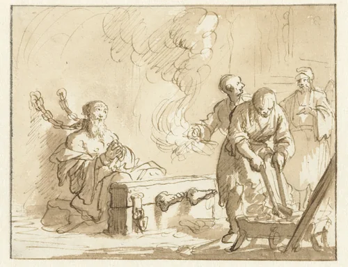Origenes in de gevangenis met vuur gemarteld by Jan Luyken, drawing, 1683-1685