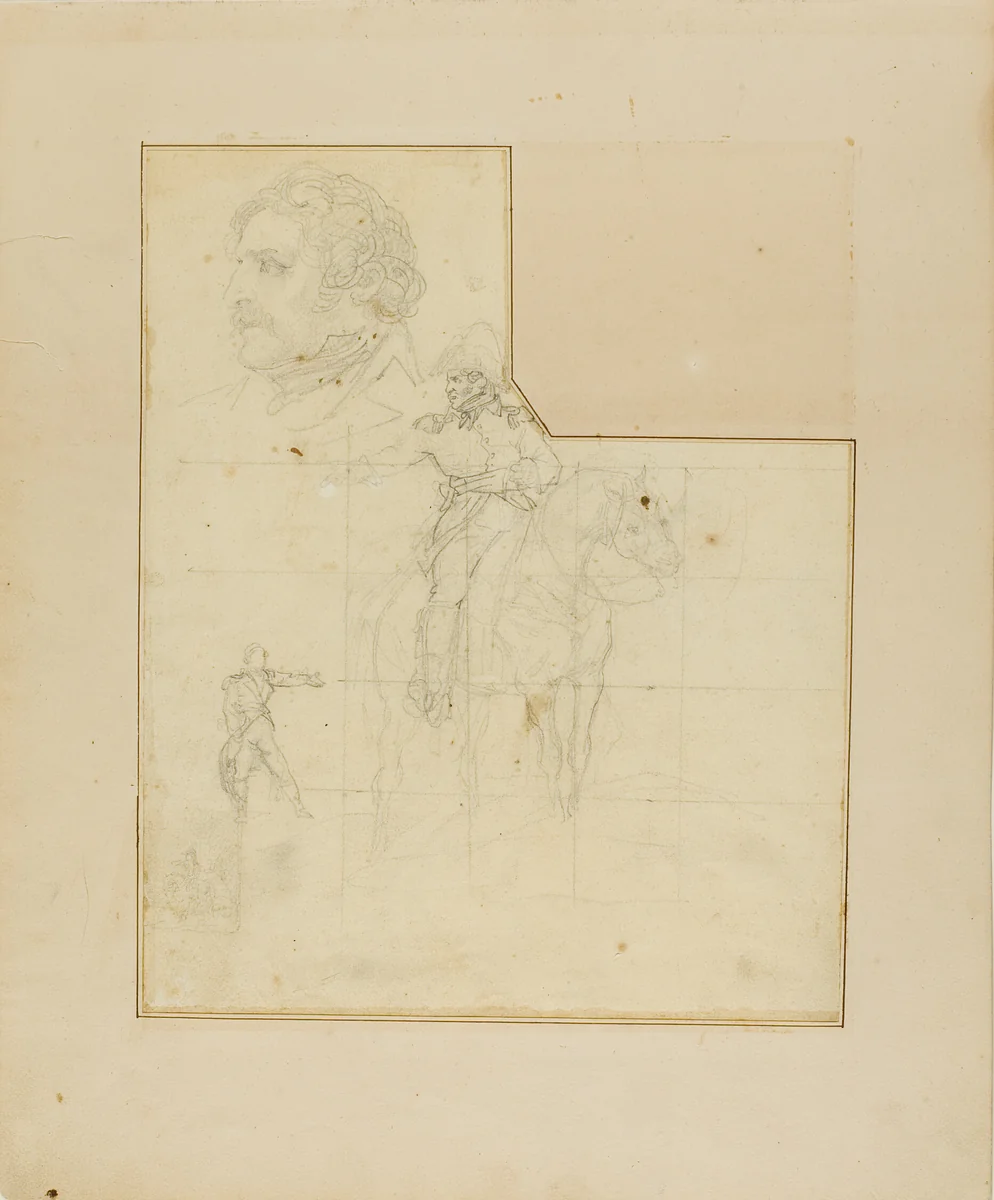 Mounted Officer and Other Sketches by Jean Louis André Théodore Géricault, drawing, 1818-1819
