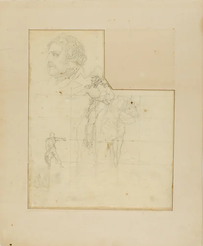 Mounted Officer and Other Sketches by Jean Louis André Théodore Géricault, drawing, 1818-1819