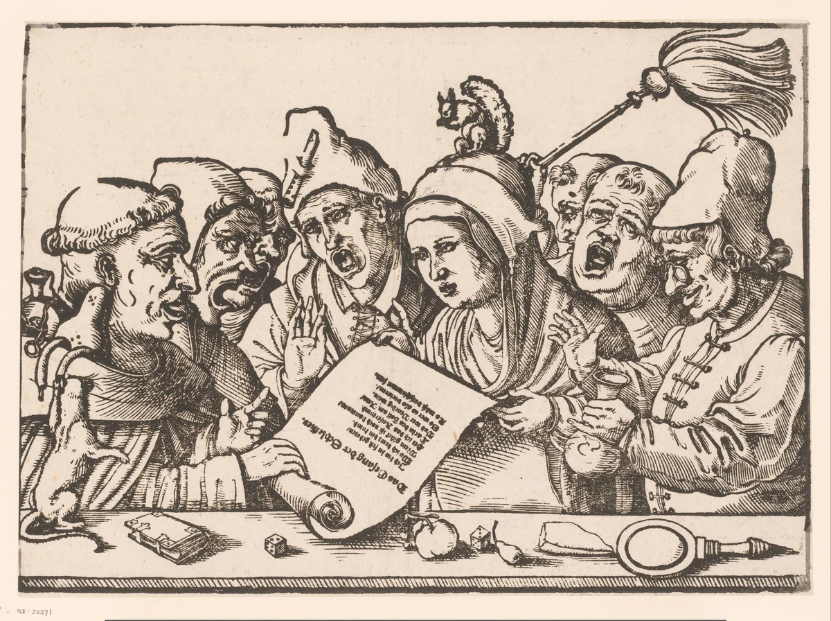 Groep zingende personen by anonymous, print, 1500-1599