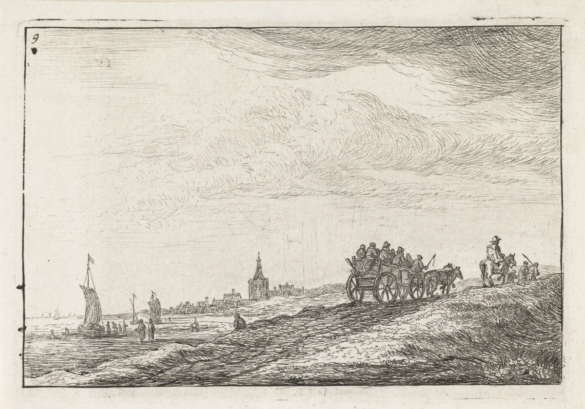 Kustlijn met paard en wagen by Anthonie Waterloo, print, 1630-1663