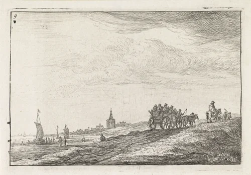 Kustlijn met paard en wagen by Anthonie Waterloo, print, 1630-1663