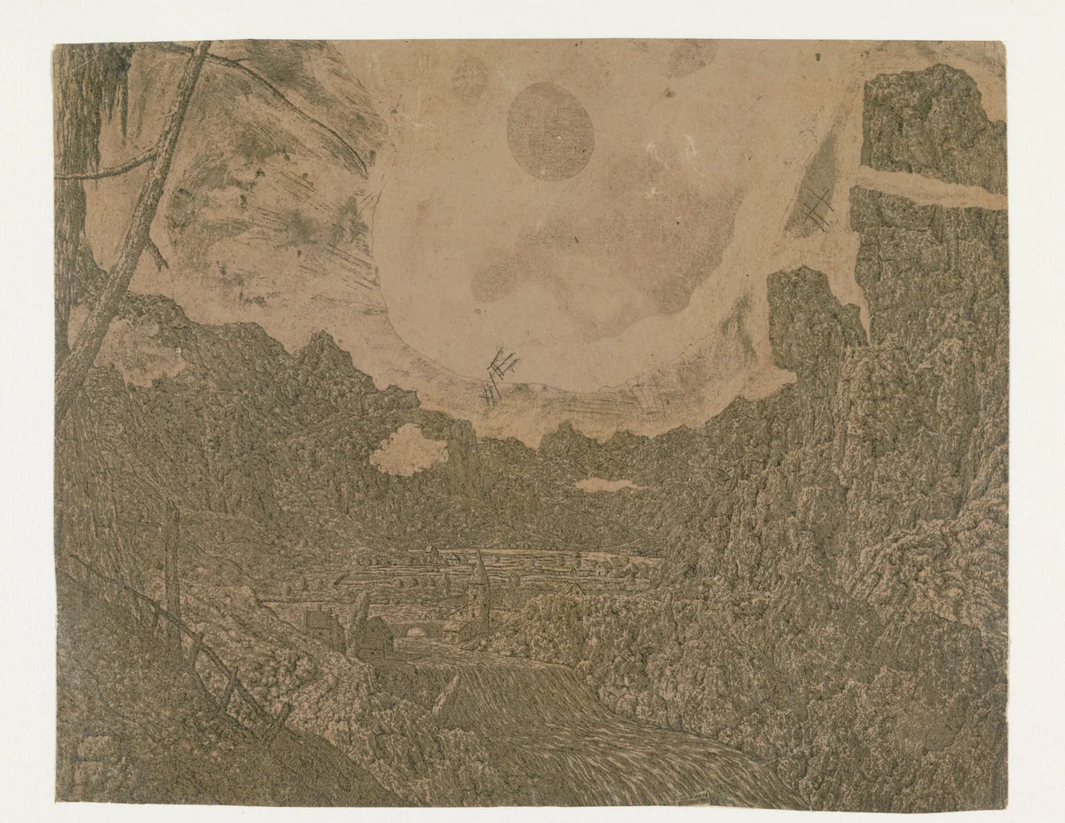 Landscape with a Waterfall, Second Version by Hercules Segers, print, 1625-1627