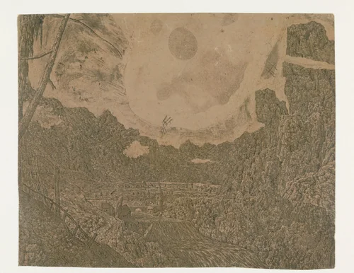 Landscape with a Waterfall, Second Version by Hercules Segers, print, 1625-1627