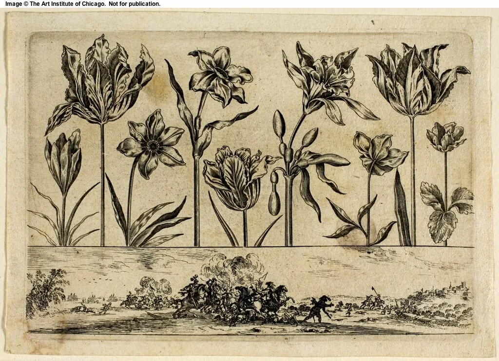 Flowers and Battle Scene, from Livre Nouveau de Fleurs... by Nicolas Cochin, print, 1645