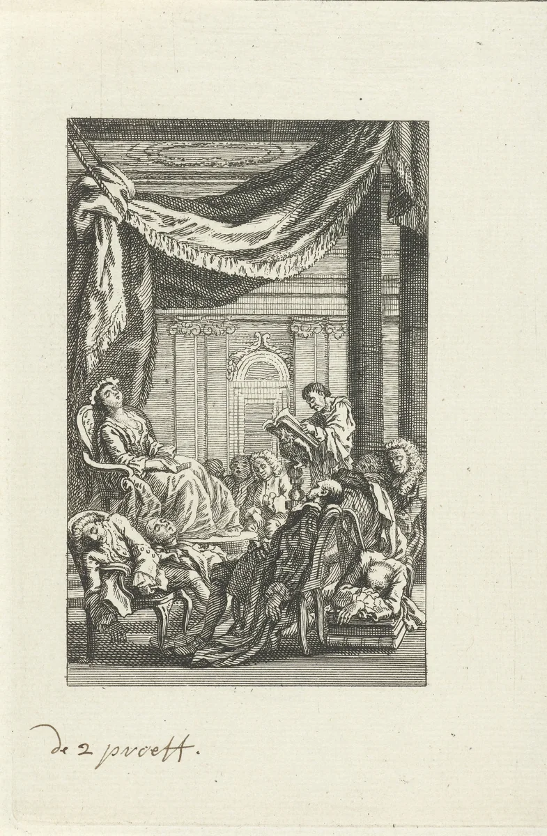 Slapende figuren onder een baldakijn by anonymous, print, 1702-1817