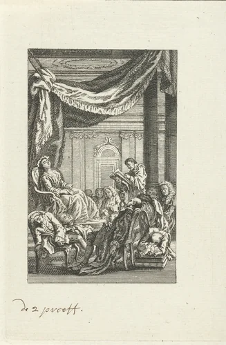 Slapende figuren onder een baldakijn by anonymous, print, 1702-1817