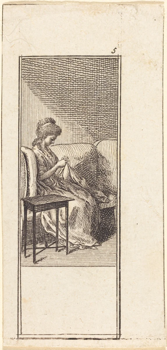 Girl Seated, Sewing by Daniel Nikolaus Chodowiecki, print, 1784