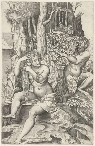 Sater begluurt een nimf tijdens haar toilet by Marcantonio Raimondi, print, 1514-1518