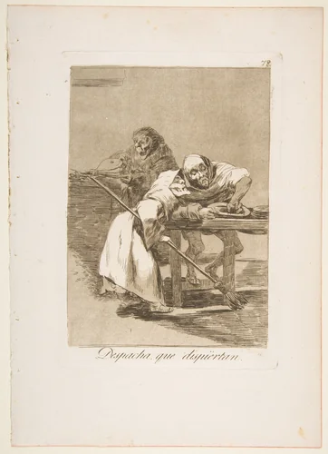 Plate 78 from "Los Caprichos": Be quick, they are waking up (Despacha, que dispiértan) by Goya, print, 1799