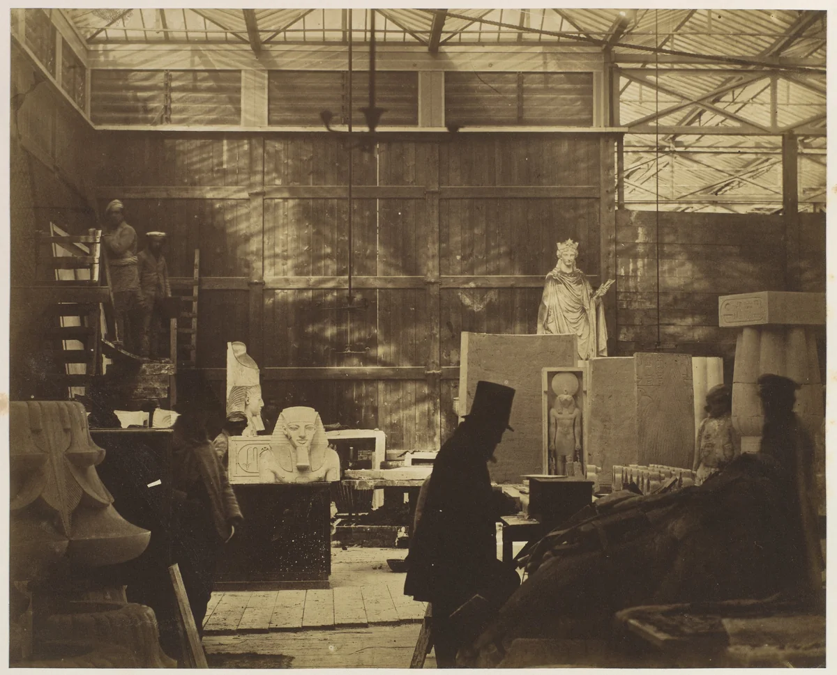 [Storeroom with Artisans and Plaster Casts, Crystal Palace] by Philip Henry Delamotte, photograph, 1852