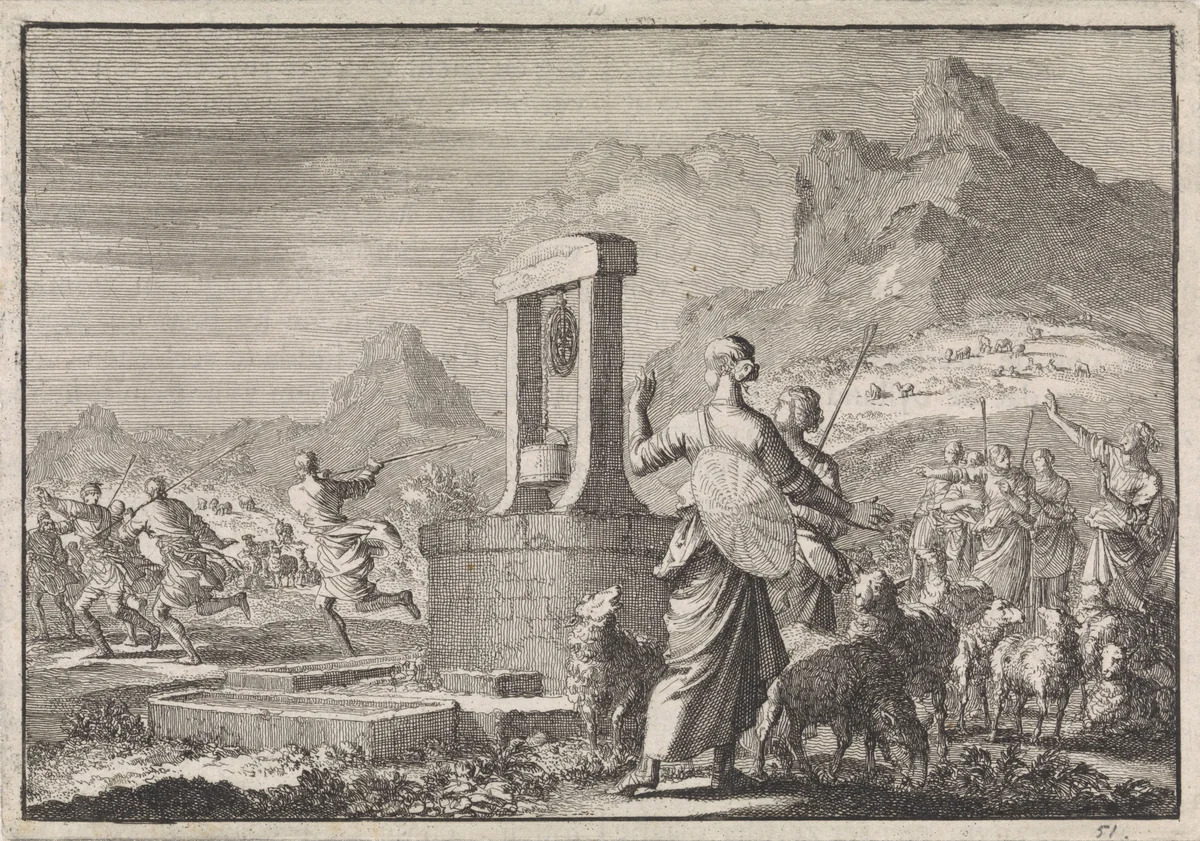 Dochters van Reüel bij de put by Jan Luyken, print, 1704