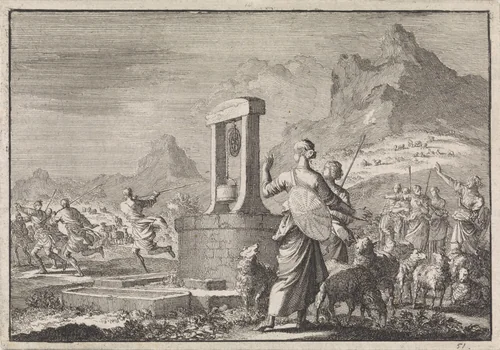 Dochters van Reüel bij de put by Jan Luyken, print, 1704