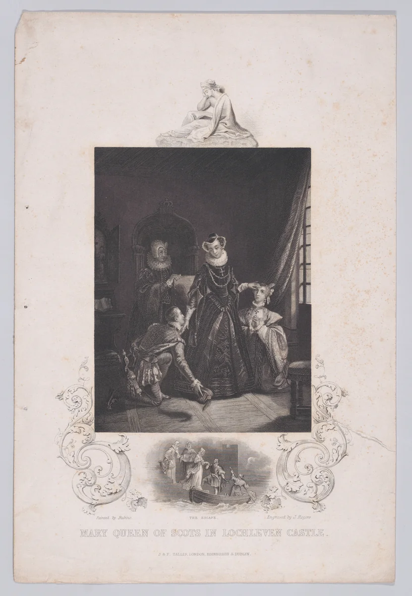 Mary, Queen of Scots in Lochleven Castle, with a small scene of her escape from the castle below (from "The History of England") by John Rogers, print, 1830-1840