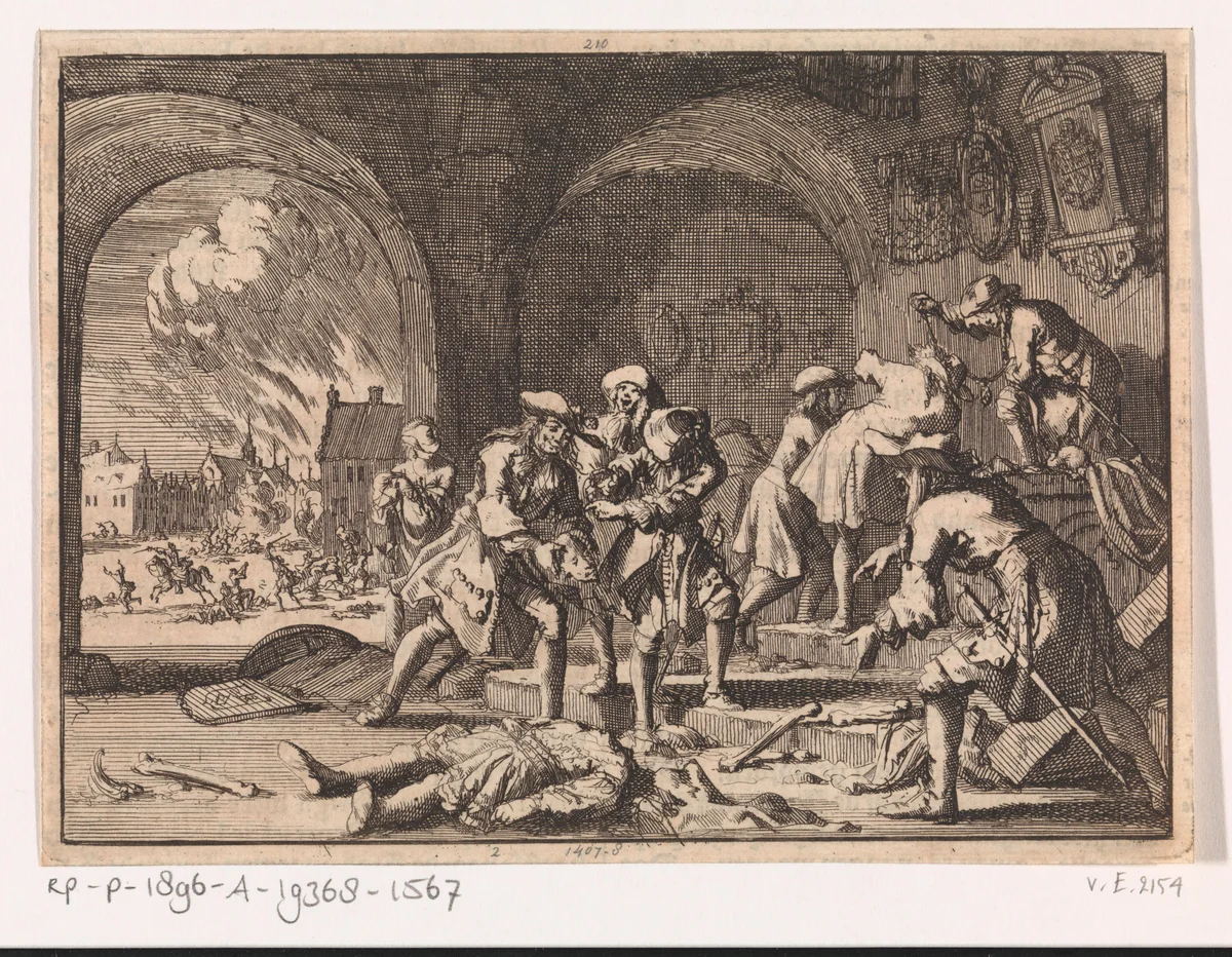Gewelf te Heidelberg waar Franse soldaten de graven van de keurvorsten vernielen, 1693 by Jan Luyken, print, 1698