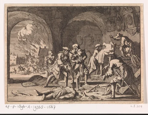 Gewelf te Heidelberg waar Franse soldaten de graven van de keurvorsten vernielen, 1693 by Jan Luyken, print, 1698