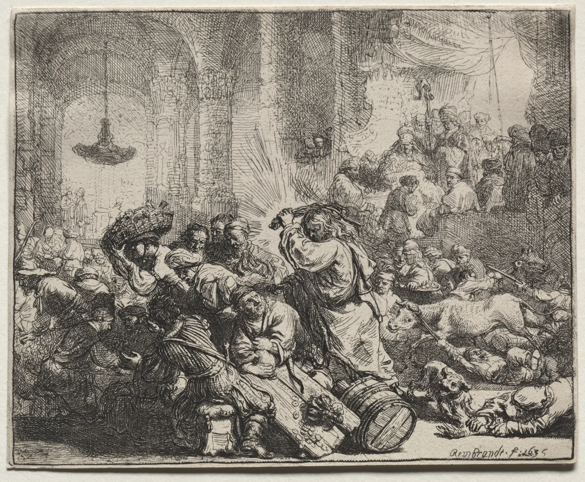 Christ Driving the Money Changers from the Temple by Rembrandt van Rijn, print, 1635