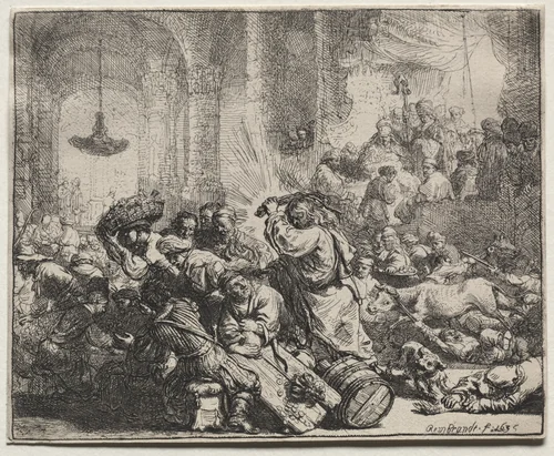 Christ Driving the Money Changers from the Temple by Rembrandt van Rijn, print, 1635