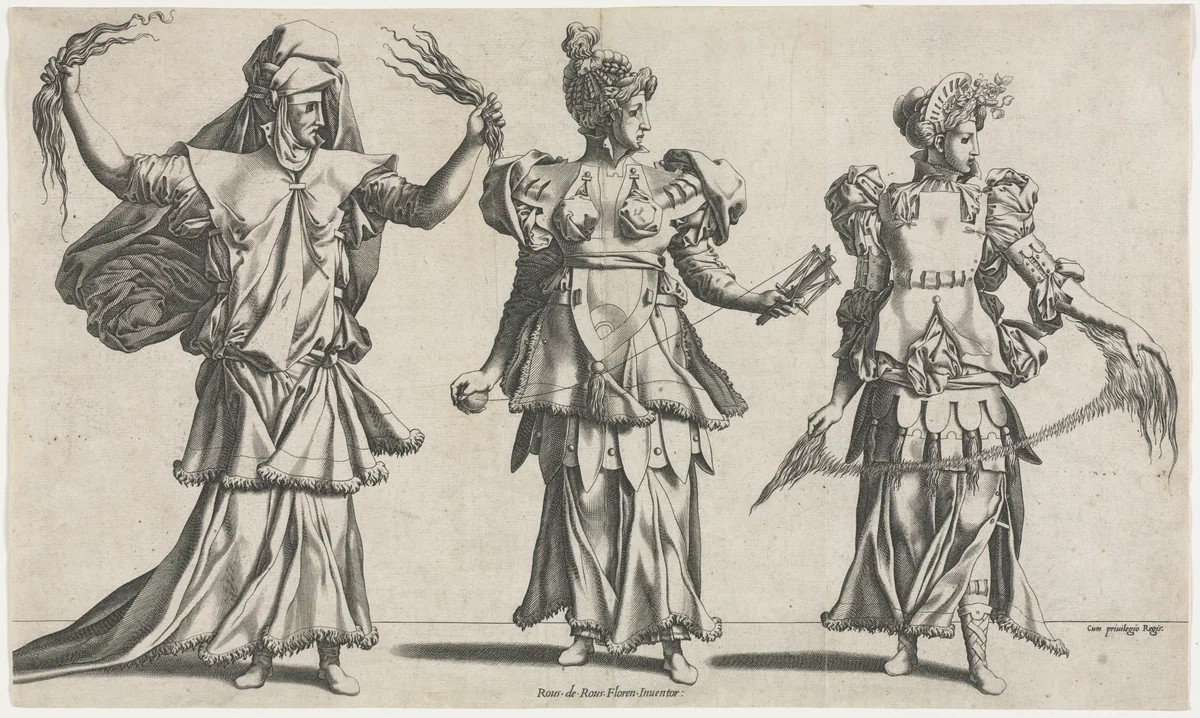 The Three Fates, Costume Designs by Pierre Milan, print, 1529-1539