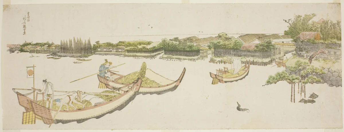 Boats transporting rice on the Sumida River by Katsushika Hokusai (葛飾 北斎), print, 1795-1810