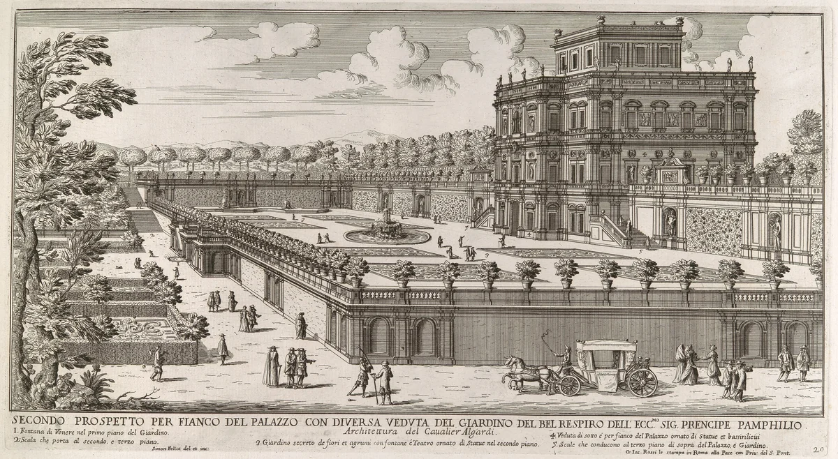 View of the side facade of the Palazzo Pamphili and its garden (Secondo prospetto per fianco del palazzo con diversa veduta del giardino del Bel respiro...Pamphilio) by Simon Felice, print, 1677-1691